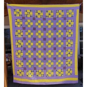 Handmade Nine Patch Quilt Purple Yellow Full Queen Cottage Farmhouse 86 x 74